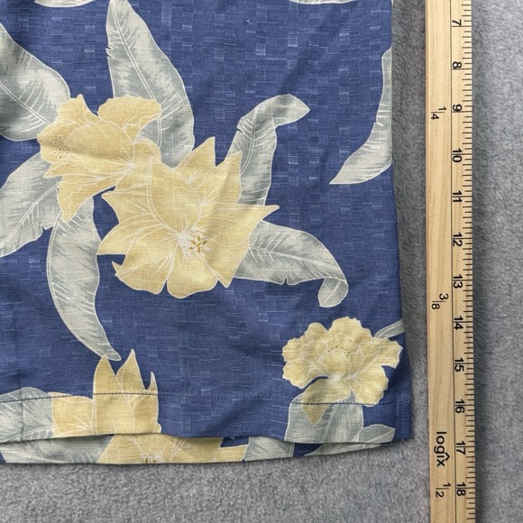 Tommy Bahama 100% Silk Hawaiian Shirt M Blue Yellow Floral Camp Button Front - Picture 8 of 10